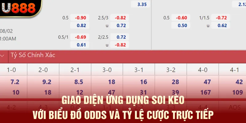 Giao diện ứng dụng soi kèo với biểu đồ odds và tỷ lệ cược trực tiếp